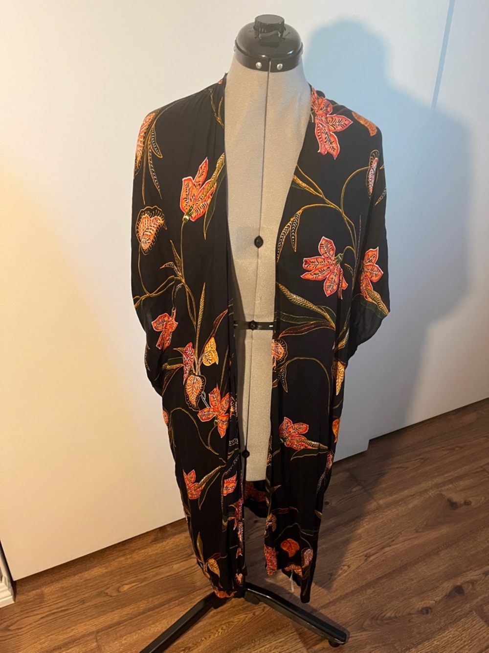 LOFT Black Floral-Print Kimono with Red and Mustard Accents